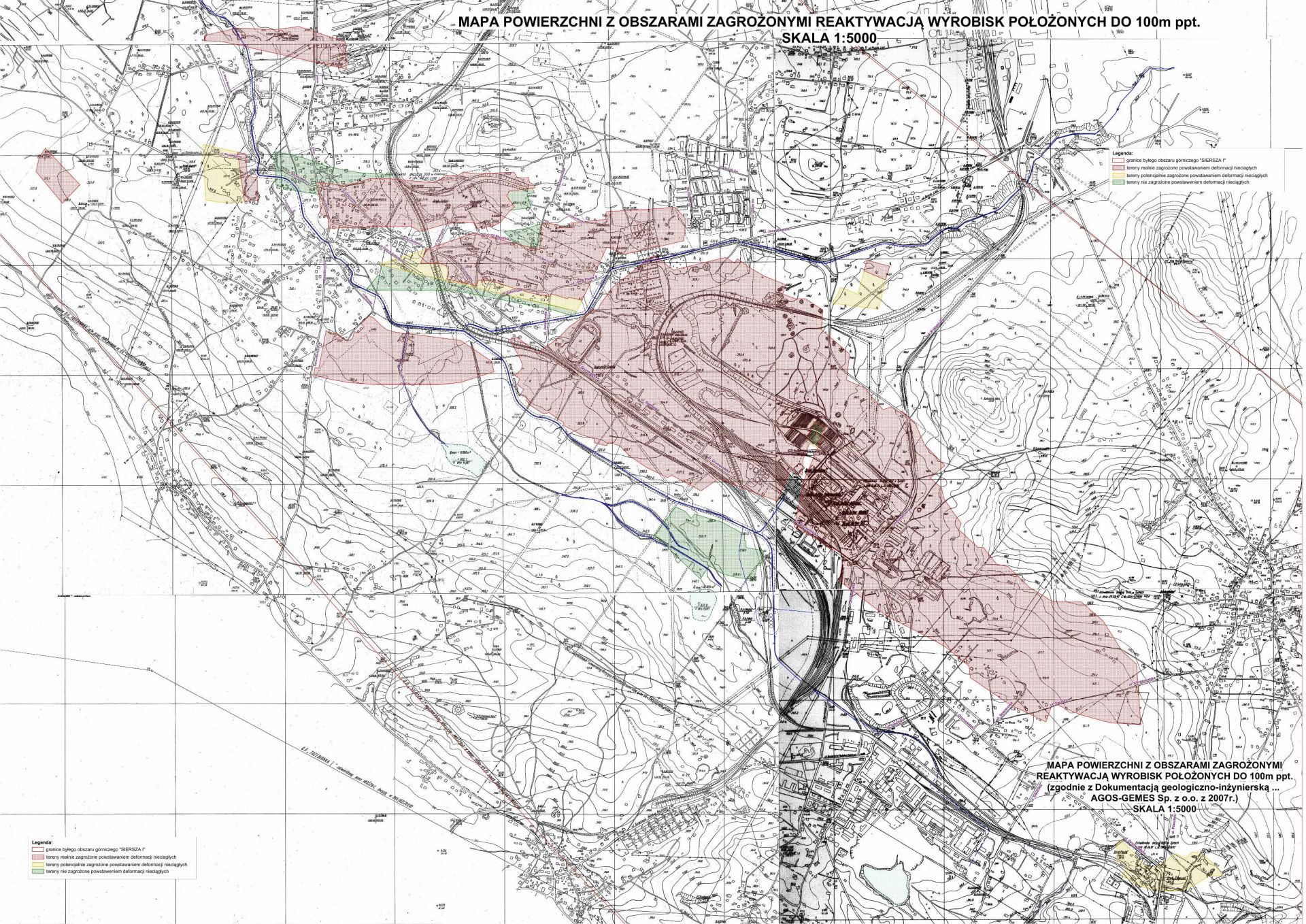Mapa powierzchni z obszarami zagrożonymi reaktywacją wyrobisk położonych do 100m ppt.